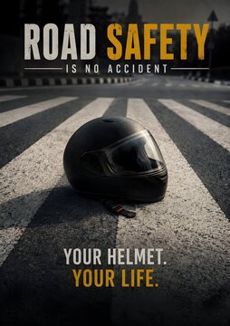 Road safety poster with helmet on crosswalk your helmet your life