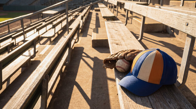 Baseball equipment consisting of a leather glove, baseball, and cap resting on wooden bleachers at an empty stadium during sunset
