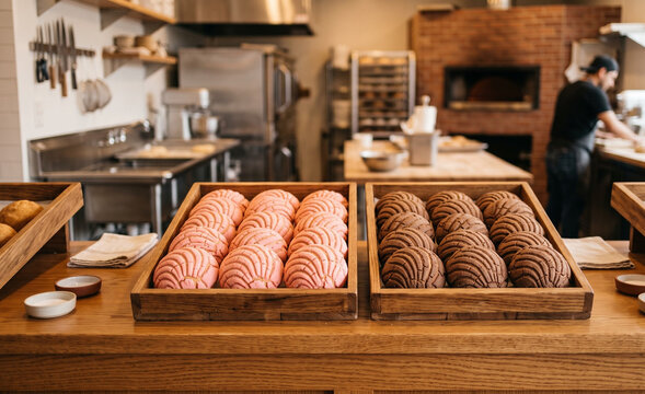 clean artisan bakery counter with wooden trays holding pink and chocolate concha sweet breads,  Soft golden glow on sugar crusts and organized bread presentation. 