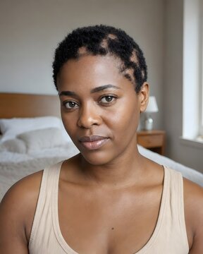 Beautiful Black woman with alopecia areata looking confidently at the camera in a natural beauty portrait