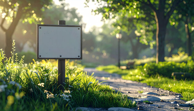 Blank wooden signpost mockup on stone pathway in sunny green city park with lush trees and morning sunlight