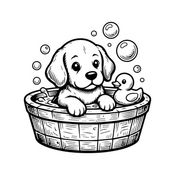 Cute puppy dog taking a bubble bath in a wooden tub with a toy duck.