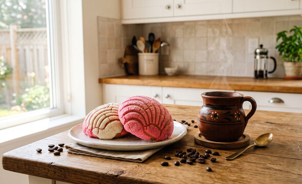 Bright modern kitchen counter featuring two colorful pink concha sweet breads beside a rustic clay mug of steaming cafe de olla,  Distinct white and pink seashell sugar topping with fine sugary 