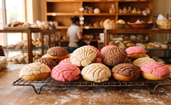 artisan bakery counter with wooden trays holding pink and chocolate concha sweet breads, Soft golden glow on sugar crusts and organized bread presentation.