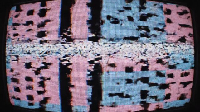 A vintage television screen displaying colorful static and a distorted test pattern with pink and blue blocks.