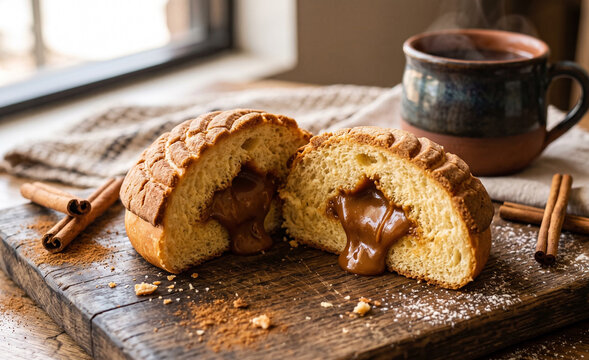 Mexican concha sweet bread stuffed with rich dulce de leche filling, placed on a rustic wooden board,  Golden baked sponge texture and dripping thick caramel cream filling in center cut. 