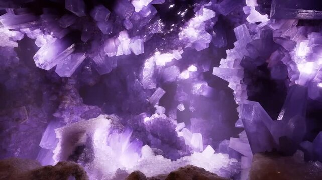 Macro Close-Up of Illuminated Purple Amethyst Crystals in Natural Geode Cave Interior with Backlit Luminescence for Spiritual Background