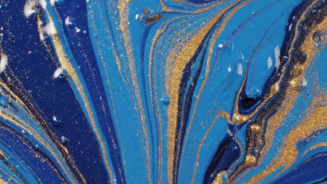 Close-up of vibrant blue and shimmering gold liquid paint swirling together in an abstract fluid art pattern with white specks.