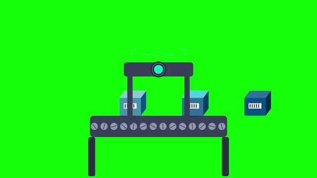 Flat vector animation of boxes on a conveyor belt being scanned in an automated factory on green screen