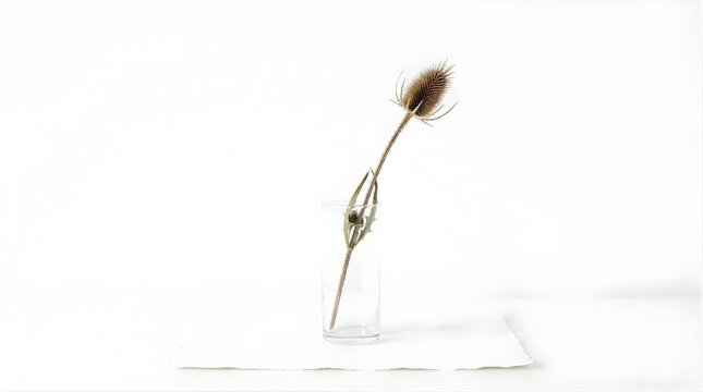 Dried teasel flower stem in a glass vase on white paper background