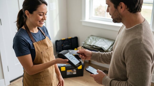 Customer Paying Female Contractor with Contactless Credit Card on POS Terminal