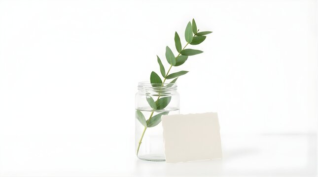 Fresh eucalyptus branch in glass jar with blank paper card for mockup