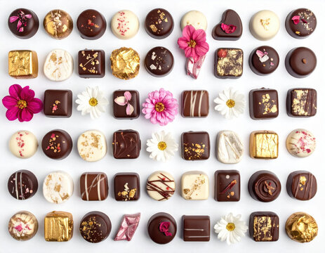 Chocolate praline truffle candy dessert sweet luxury gourmet flower pattern Rich chocolate praline truffle candy dessert sweet luxury gourmet flower pattern flat lay with gold Christmas Concept