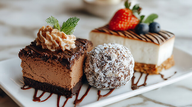 Elegant trio of chocolate mousse, cake, and truffle served together, perfect for sampler plates and gourmet tasting menus.