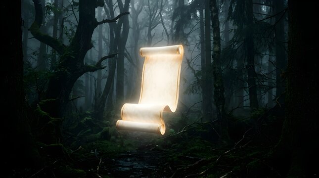 Glowing antique parchment scroll floating in a dark mystical forest