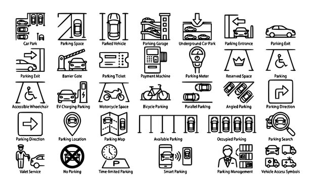 Car parking line icon set with text labels featuring garage barrier gate ticket machine ev charging station symbol vector
