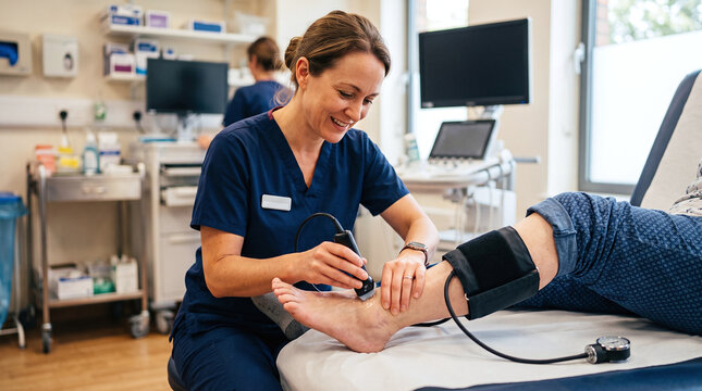 Nurse performing ankle-brachial index test with Doppler probe in clinic