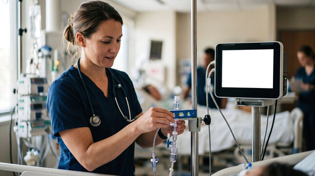 Nurse leveling an arterial line transducer on an IV pole in hospital ICU