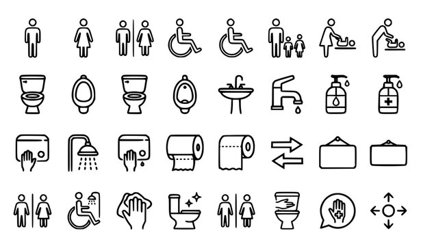 Bathroom washroom linear icons collection with toilet bowl urinal sink soap dispenser shower toilet paper roll and signboards graphic element