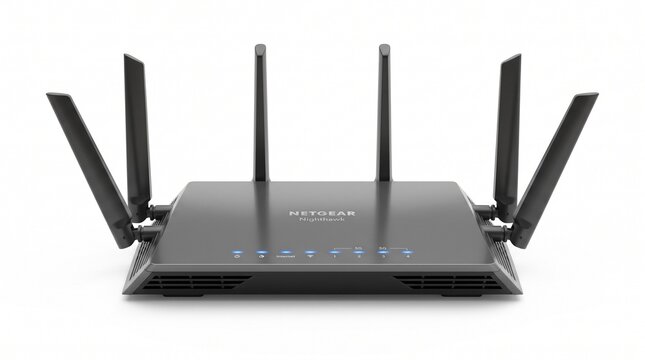 Modern wireless networking router with antennas isolated on white