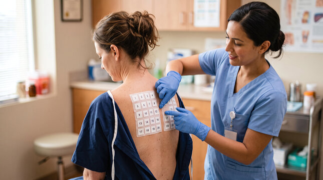 Healthcare professional conducting an allergy patch test on patient's back