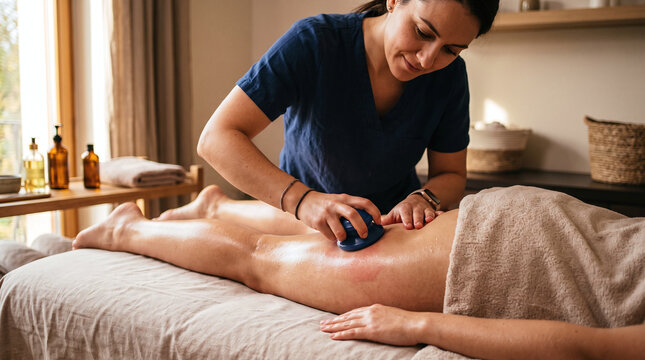 Masseuse performing vacuum silicone cupping therapy on client's oiled leg