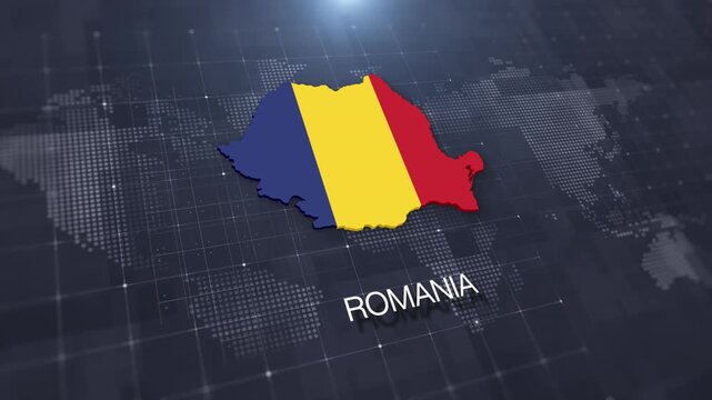 Romania map with national flag on digital world map background, geographic border, global political and international news concept