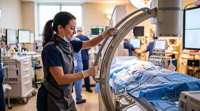 Female medical technologist positioning a C-arm scanner in an operating room.
