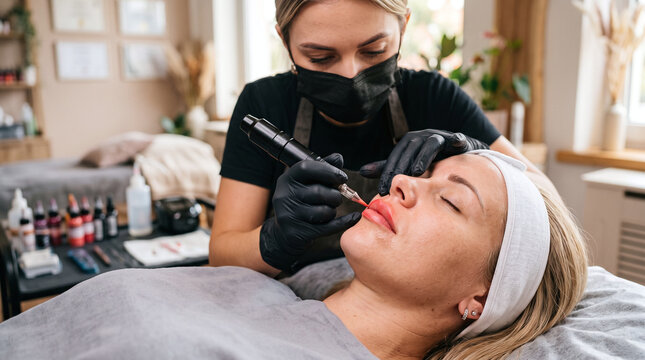 Professional beautician performing permanent lip blush tattoo on a young woman