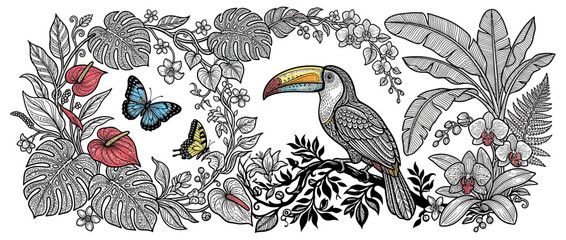 Obraz premium Tropical Toucan Bird with Butterflies and Lush Foliage Illustration