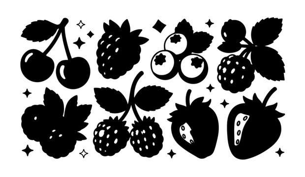 Set of black berry silhouettes including raspberries, blackberries, and cherries for healthy food design.