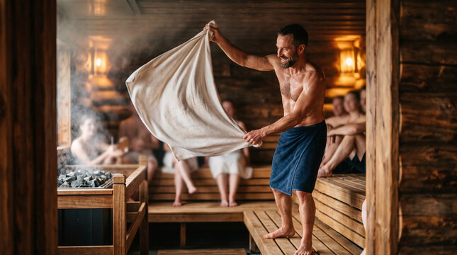 Professional sauna master performing Aufguss ritual waving towel for guests