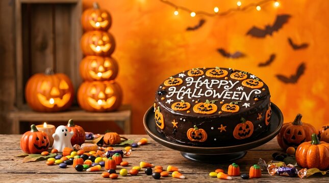 A festive halloween cake decorated with pumpkins and bats on a rustic wooden table for holiday celebration