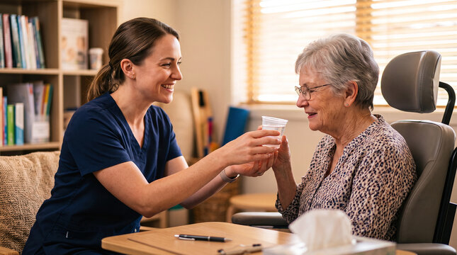 Speech therapist assisting an elderly woman during a swallowing assessment.