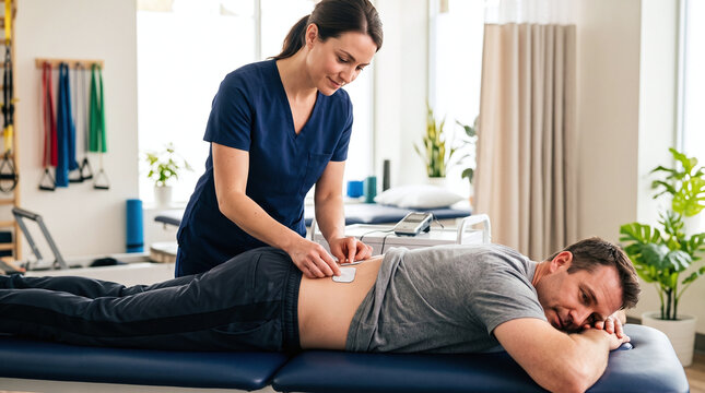 Physical therapist applying TENS unit electrodes to patient's lower back.