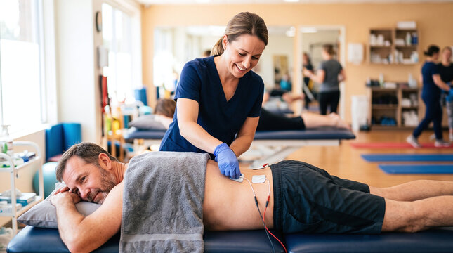 Female physical therapist applying TENS electrodes to male patient's back