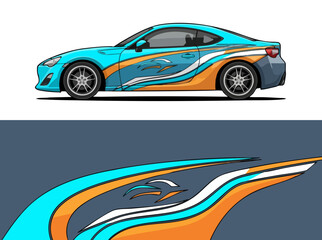 Fototapeta premium Blue sports car with dynamic wave design wrap