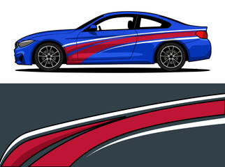 Naklejka premium Blue sports car with red and white racing stripes on track