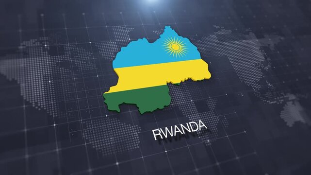 Rwanda map with national flag on digital world map background, geographic border, global political and international news concept