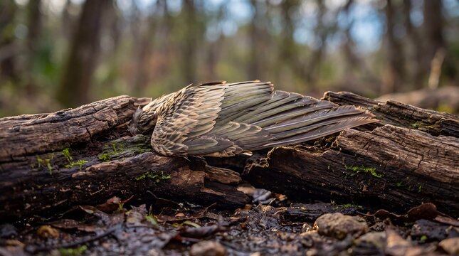 Anhinga wing resting on weathered logs in quiet woodland forest edge.