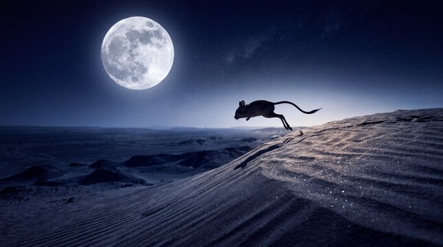 Jerboa leaping across the arid desert under dramatic moonlight glow