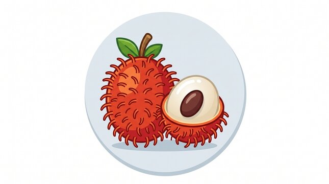 Cute colorful rambutan fruit cartoon illustration featuring one whole rambutan and one sliced rambutan showing its creamy white flesh and brown seed, with green leaves and a simple circular background