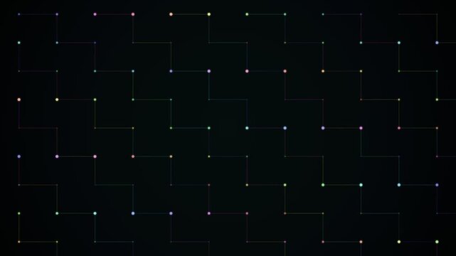 Circuit Grid Of Colored Dot Nodes On Dark Background With Lines