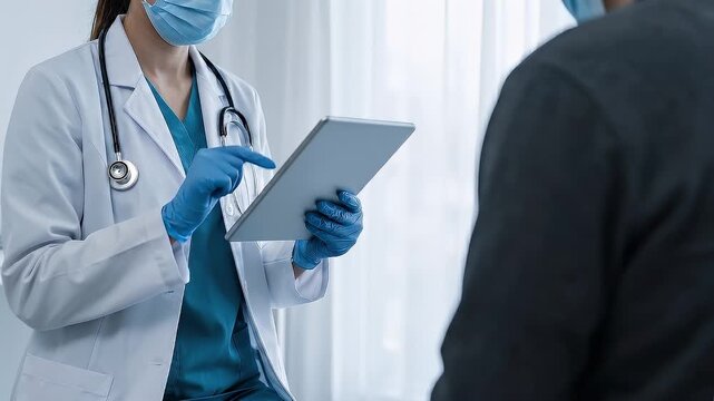 Masked doctor consulting with a patient using a tablet