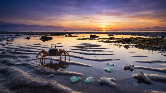 Ghost crab running on reflective tropical sand at sunrise with sea glass