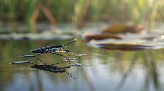 Macro macro water strider traversing calm pond surface in deep teal hues.