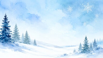 Fototapeta premium Winter Wonderland: A serene watercolor painting depicts a tranquil winter landscape with snow-covered pine trees and gentle hills under a soft blue sky, adorned with delicate snowflakes.