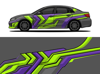 Fototapeta premium Sporty car with neon green and purple geometric wrap design