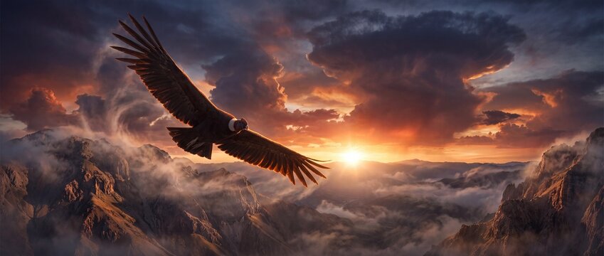 Andean condor in powerful flight above vast rugged mountain range.