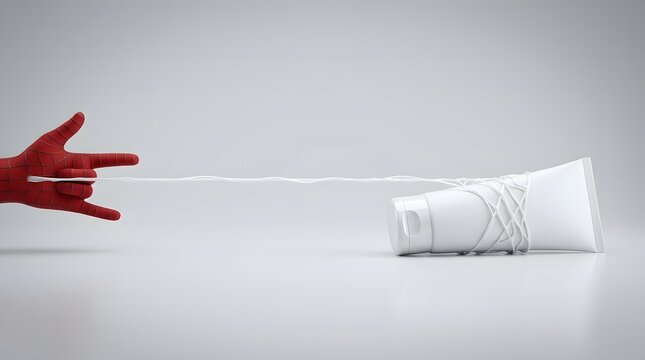 Red superhero gloved hand shooting white web thread to grab blank cosmetic tube mockup isolated on white background